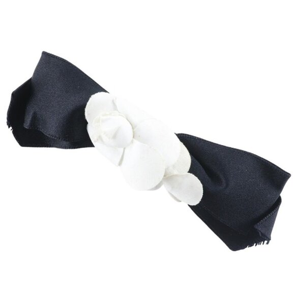 Chanel Camellia Ribbon Satin Black White Barrette